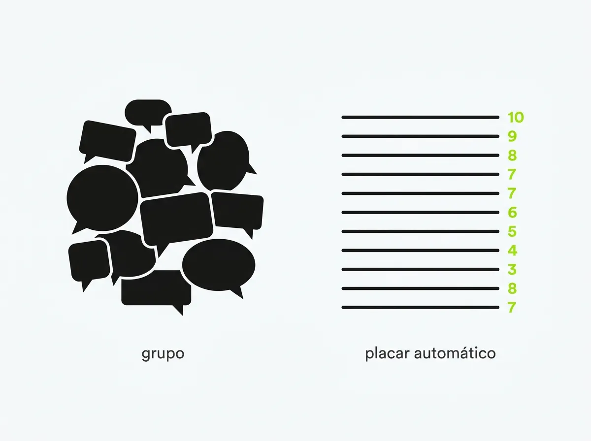 Comparação lado a lado entre uma conversa de WhatsApp cheia de mensagens soltas e um placar organizado com nomes e pontos